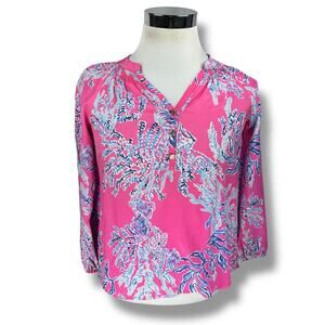 Lilly Pulitzer Elsa Top Women’s Small Pink New Kids on The Dock Silk Long Sleeve